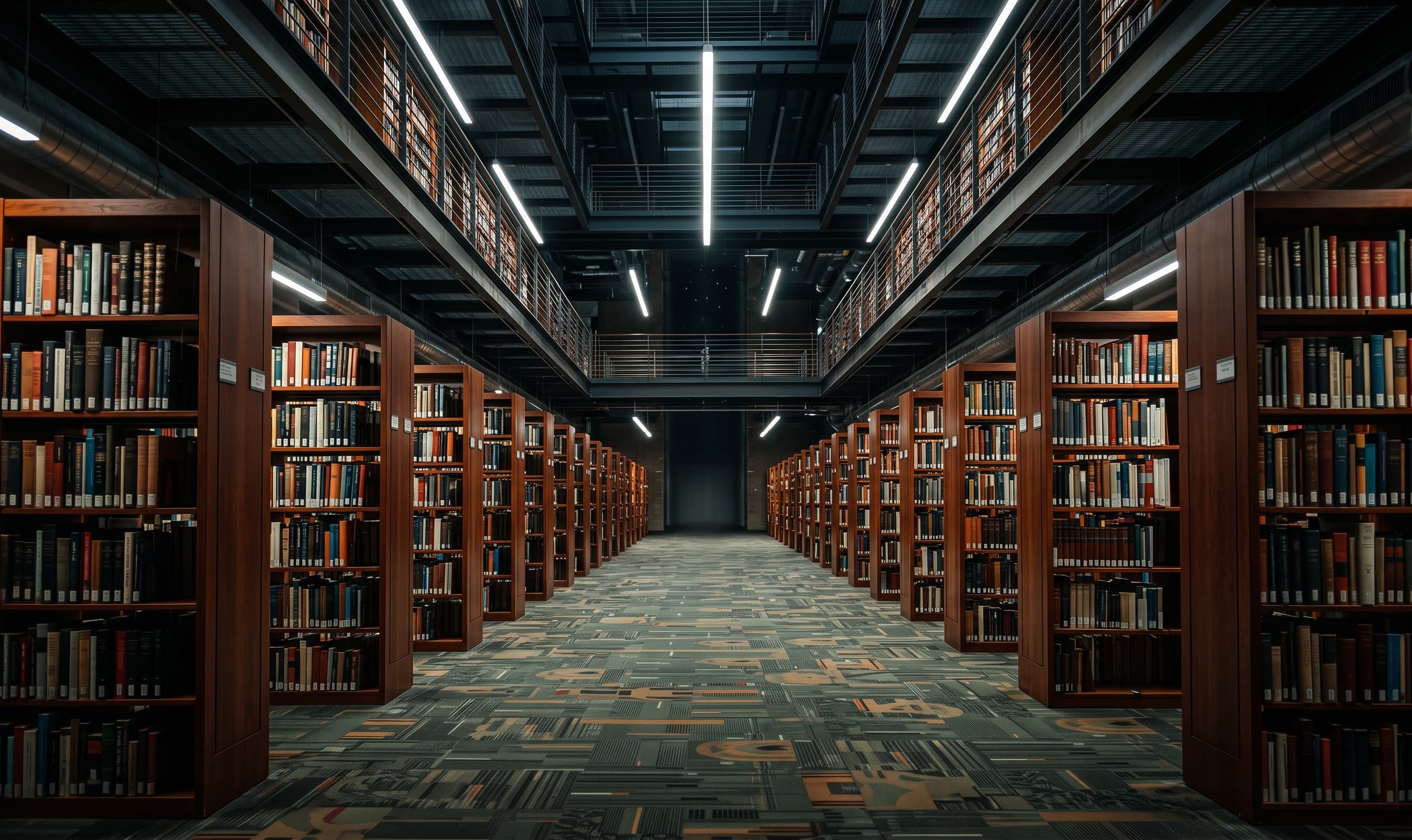 Estantes de livros e corredor de uma biblioteca.
